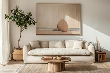 A minimalist Interior of a living room with a fiddle leaf tree in a wicker basket, pillows in green plaid, a lamp, and a gray velvet sofa against a background of white walls