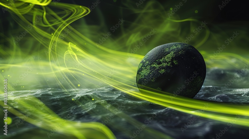 Poster spherical object in the center of green liquid ripples - abstract background