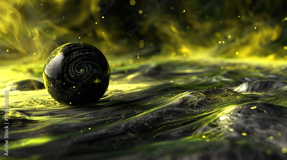 Poster spherical object in the center of green liquid ripples - abstract background