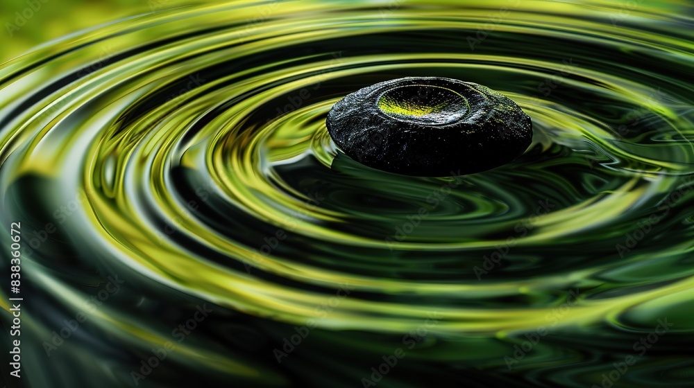 Poster spherical object in the center of green liquid ripples - abstract background