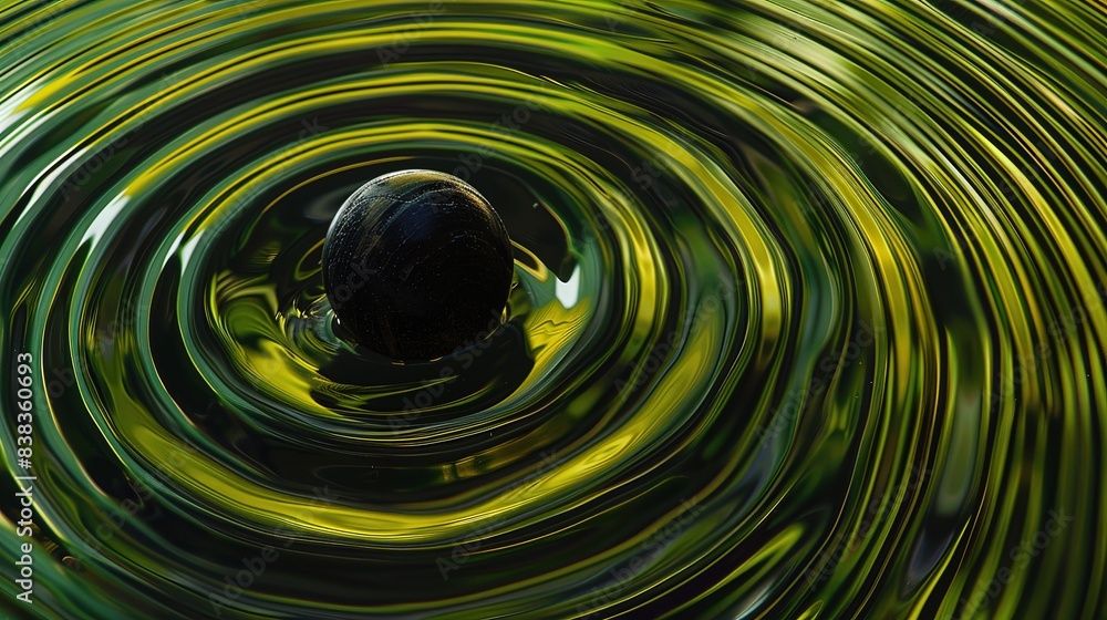 Poster spherical object in the center of green liquid ripples - abstract background