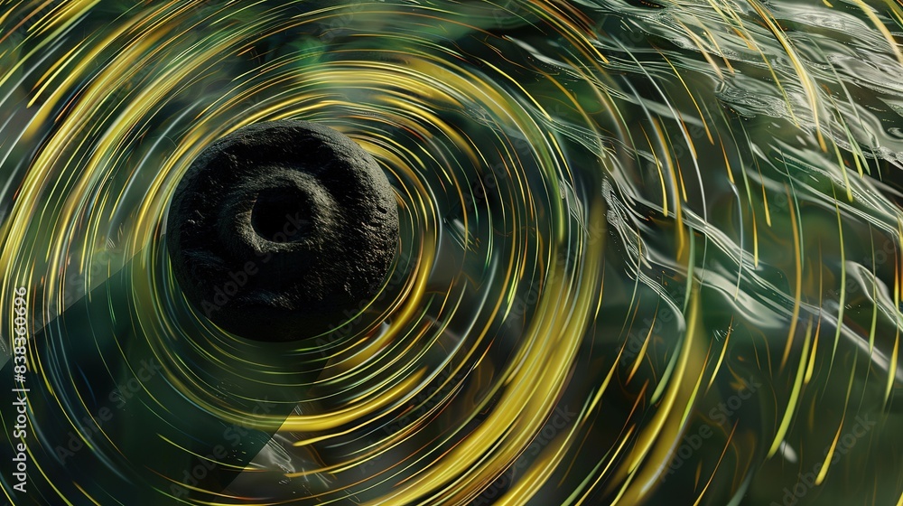 Poster spherical object in the center of green liquid ripples - abstract background