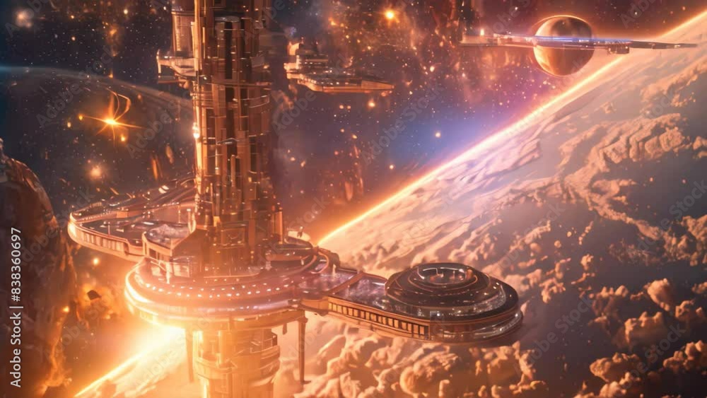 Poster a sci-fi space station orbits a distant star in deep space, a space station orbiting a distant star