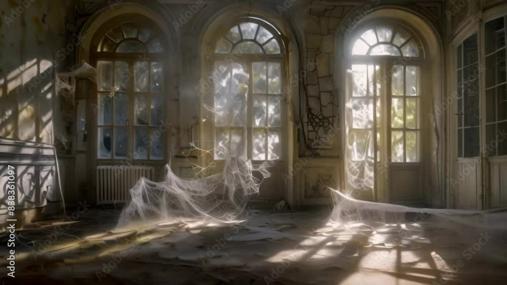Poster abandoned room with multiple windows and a prominent spider web, a spiderweb-covered abandoned mansi