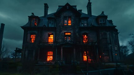 A creepy old house with illuminated windows casting an eerie glow in the darkness of night, A spooky abandoned mansion with glowing windows