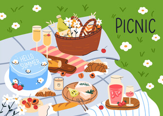 Hello Summer picnic card. Postcard with blanket on grass, food, fruits, baskets full of delicious, cake. Vertical vacation poster with lemonades, snacks. Colored flat vector illustration