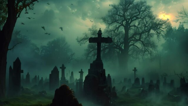 Graveyard with central cross, surrounded by headstones, under a dark sky with bats flying overhead, A spooky graveyard at midnight, with bats flying overhead and mist swirling around