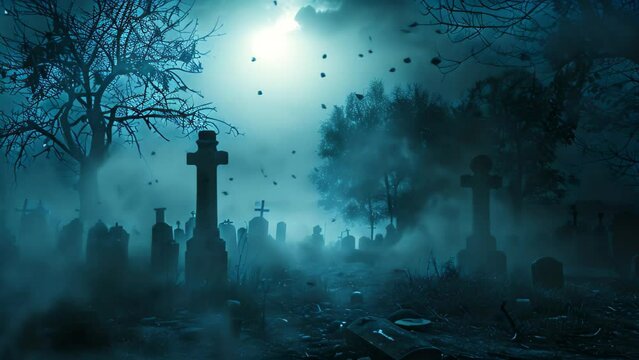 Full moon illuminates a eerie cemetery with tombstones, trees, and shadows under the night sky, A spooky graveyard at midnight, with bats flying overhead and mist swirling around