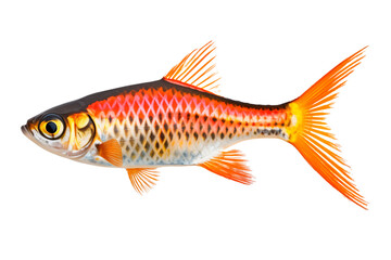 Rasbora fish isolated on white or transparent background. Close-up of colorful fish, side view. A graphic design element to be inserted into a project.