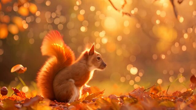 A squirrel stands amidst a field of fallen leaves as it gathers acorns under a golden sunset, A squirrel gathering acorns under a golden sunset