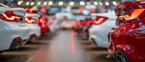 Fototapeta premium Car Sales Concept : A row of new cars on display for sale at a car dealership