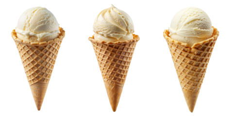 Collection of PNG. Ice Cream Scoop on Waffle Cone Isolated on A Transparent Background.