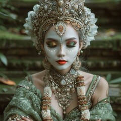A woman wearing traditional Balinese clothes, smiling facing the camera, looks beautiful and charming with a fabric texture with floral patterns and beads