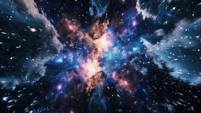 Galaxy collision flat design top view cosmic event theme 3D render monochromatic color scheme