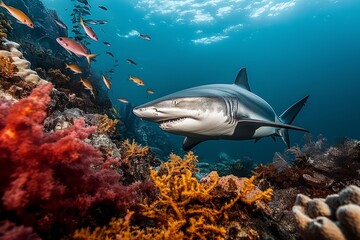 Fototapeta premium AI generated illustration of a grey shark swimming above coral reefs