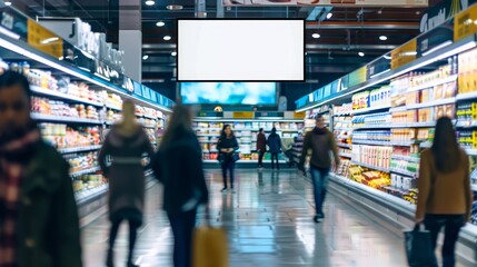 A large empty white sign hangs in the middle of a grocery store aisle. Blank billboard.