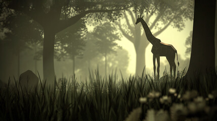   A giraffe stands tall amidst the forest's tall grass, towering trees, and foggy sky in the background