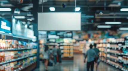 Obraz premium A large empty white sign hangs in the middle of a grocery store aisle. Blank billboard.
