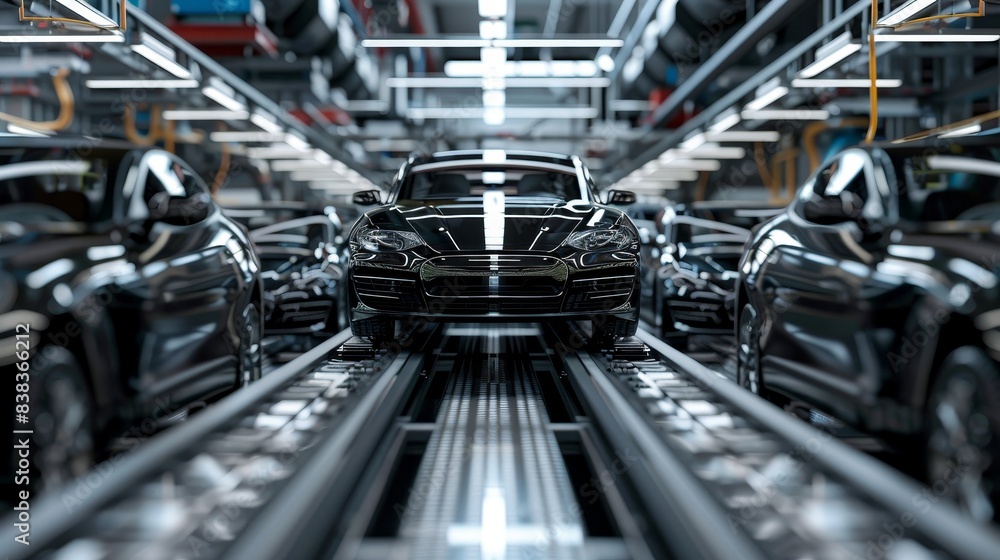 Poster automated assembly track in a factory with black cars and reflective surface