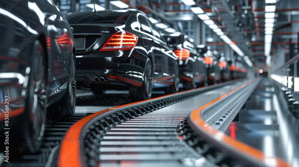 Poster automated assembly track in a factory with black cars and reflective surface