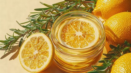   Jar of lemonade with close-up shots of sliced lemons and fresh rosemary