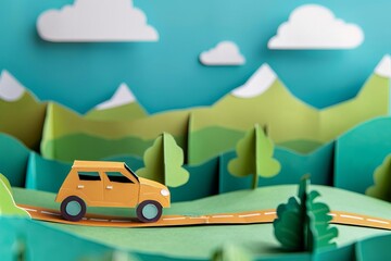 Paper cutout of a car, travel theme, road background