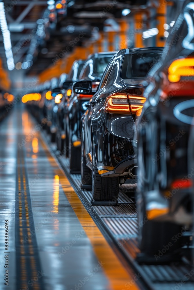 Sticker automated assembly track in a factory with black cars and reflective surface