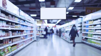 A large empty white sign hangs in the middle of a grocery store aisle. Blank billboard.