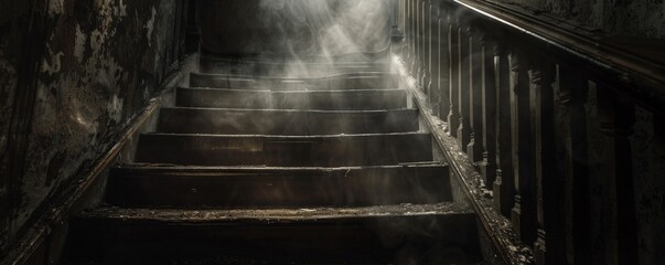Naklejka premium Dark, dusty staircase leading down into an unknown space.