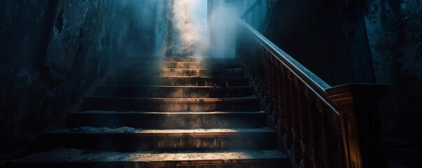 Dark wooden staircase leading upwards, light at the top.