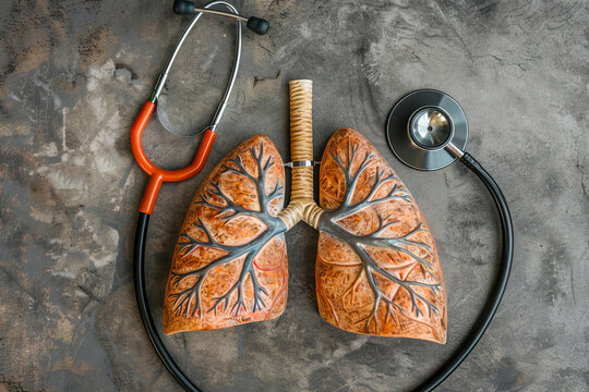 Human lung model with stethoscope on gray painted background with space for text or inscriptions, top view
