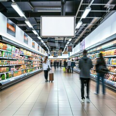 A large empty white sign hangs in the middle of a grocery store aisle. Blank billboard.