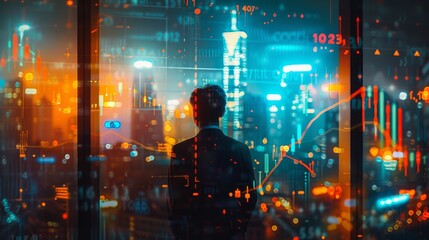 Double exposure of a corporate executive looking out a window, with an overlay of financial charts and a city skyline at night, highlighting ambition and financial planning