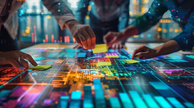 Double exposure of a business team brainstorming with sticky notes, with an overlay of financial graphs and futuristic cityscapes, showcasing innovation and financial strategy