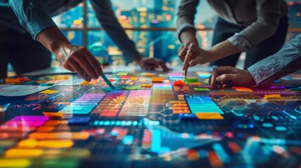 Obraz premium Double exposure of a business team brainstorming with sticky notes, with an overlay of financial graphs and futuristic cityscapes, showcasing innovation and financial strategy