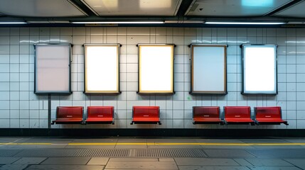 Obraz premium Poster mockup canvas. Empty illuminated advertisement boards in a subway station, offering prime space for marketing and promotions, capturing urban transit environment.