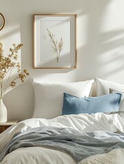 Frame mockup, modern and lovely home bedroom interior, wall poster picture frame