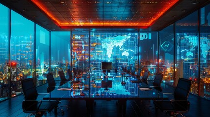 Double exposure of a business meeting room with a large screen displaying financial data, overlaid with images of global markets and urban environments, highlighting strategic financial discussions