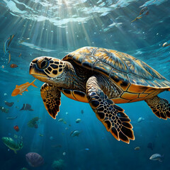  a baby turtle, its vibrant orange eyes full of wonder. Bathed in the light blue glow of the water, the turtle's blue and brown shell,