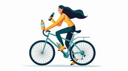 Obraz premium illustration of an female cyclist riding a mountain bike. The vector graphic has colorful design elements on a white background with colorful splashes.