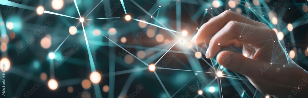Poster A digital illustration of interconnected nodes symbolizing the network effect in marketing, with an office background and blurred hand touching one virtual connection point
