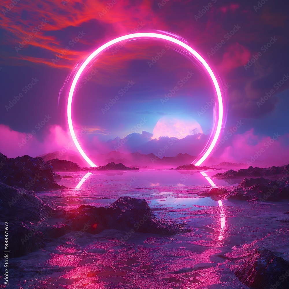 Fototapete A glowing neon circle frame is showcased over an abstract landscape in the Generative AI image by Weber.
