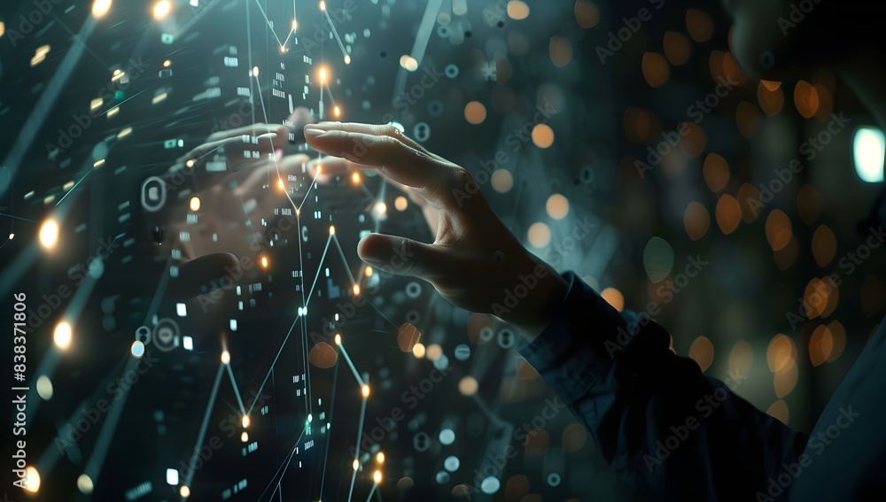 Poster a person is touching the screen of an interactive digital interface, surrounded by glowing data poin