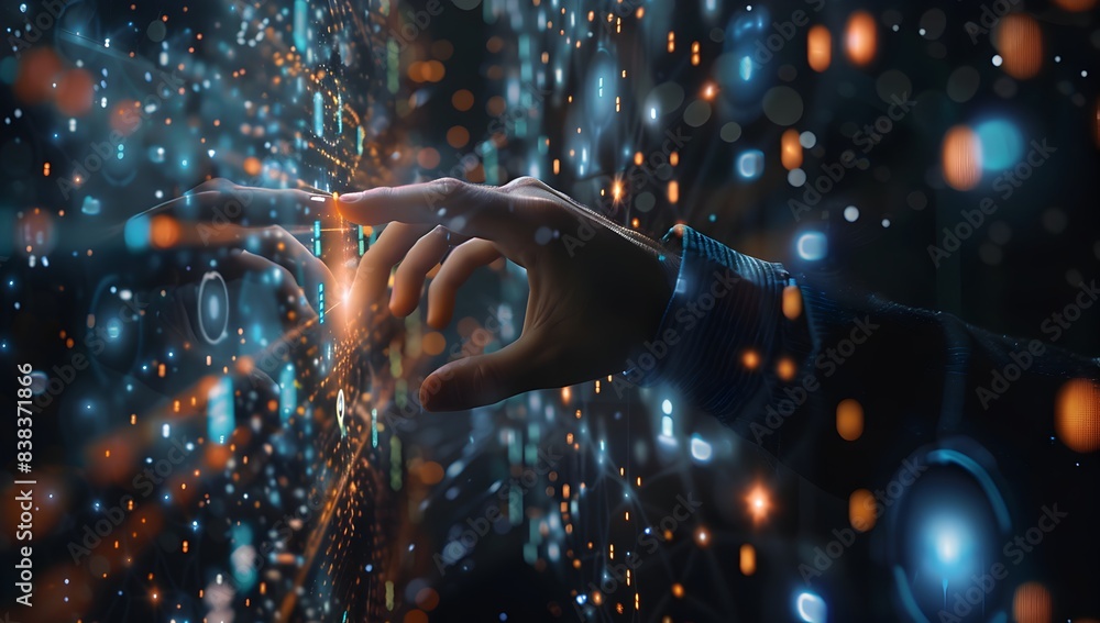 Poster a person is touching the screen of an interactive digital interface, surrounded by glowing data poin