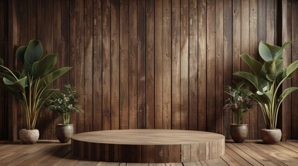 A podium designed living room with wooden background	
