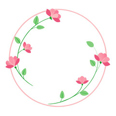  circular frame made up of pink floral elements and green leaves