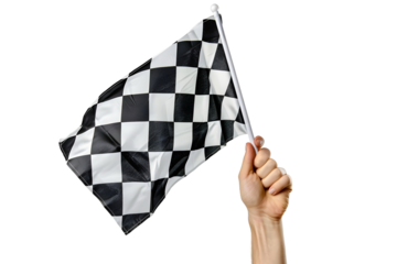 man hand hold checkered flag isolated on transparent background