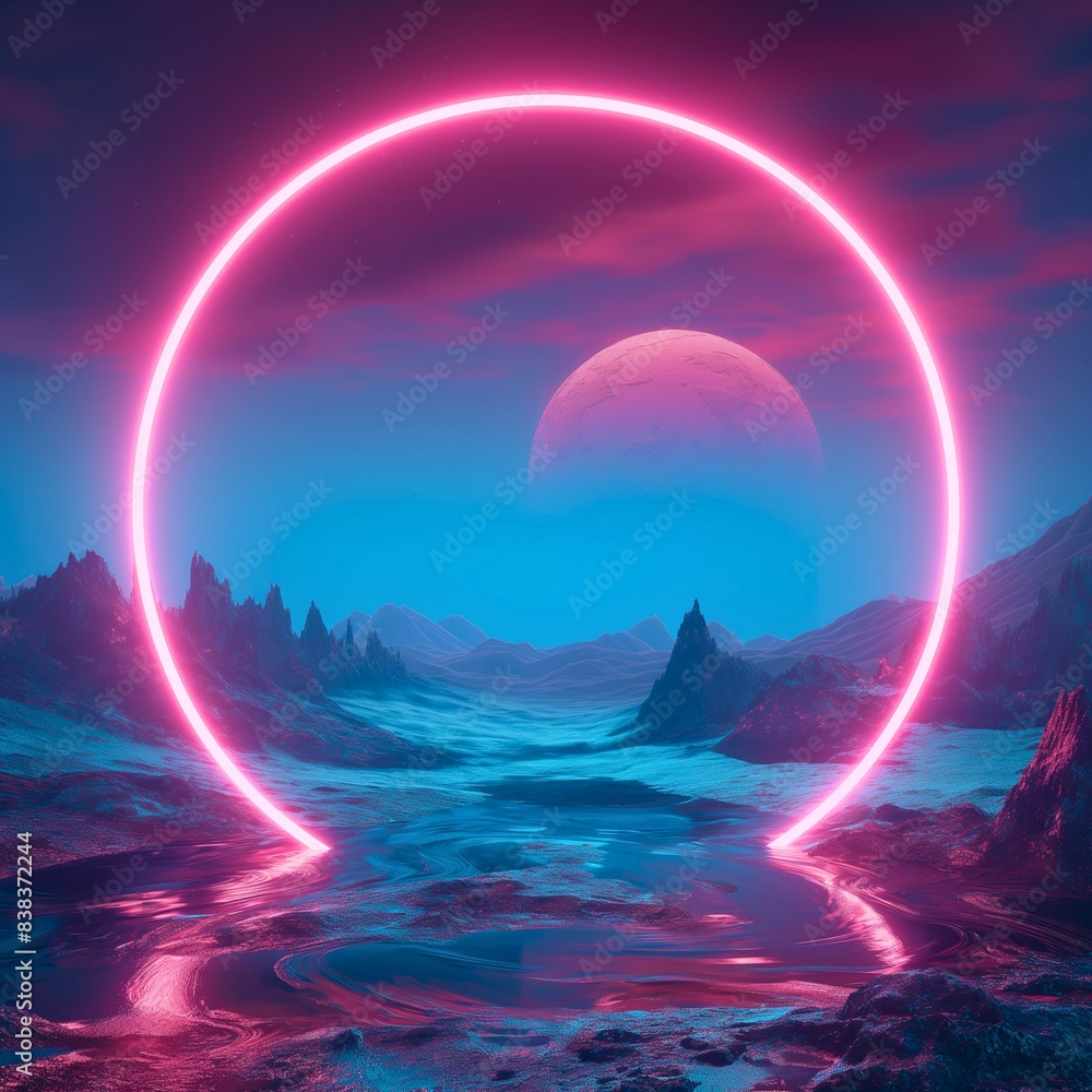 Fototapete A glowing neon circle frame is showcased over an abstract landscape in the Generative AI image by Weber.
