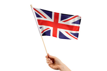 man hand hold national flag of United Kingdom isolated on transparent background