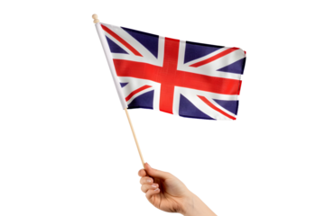 man hand hold national flag of United Kingdom isolated on transparent background